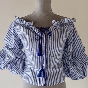 ANNA- Off-Shoulder Striped Tassel Blouse LULUMARI